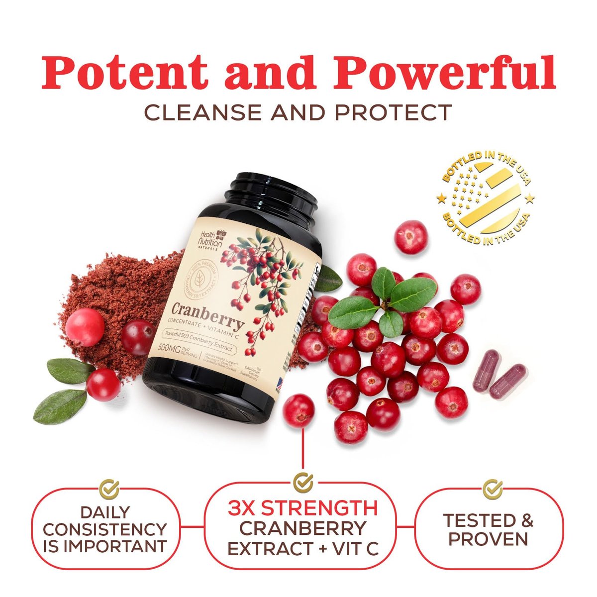 Cranberry Extrakt 500 mg pro Portion - Cranberry-Pulver mit Vitamin C - Unterstützung der Harnwegsgesundheit, Zuckerfreie Formel, Hergestellt in den USA - 120 Kapseln