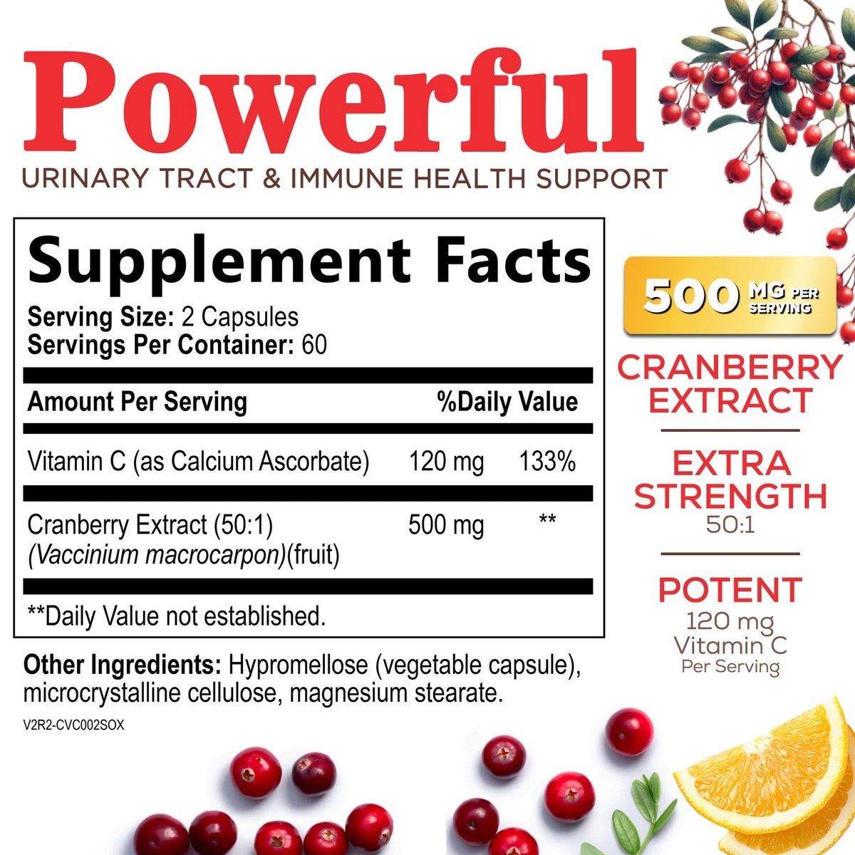 Cranberry Extrakt 500 mg pro Portion - Cranberry-Pulver mit Vitamin C - Unterstützung der Harnwegsgesundheit, Zuckerfreie Formel, Hergestellt in den USA - 120 Kapseln