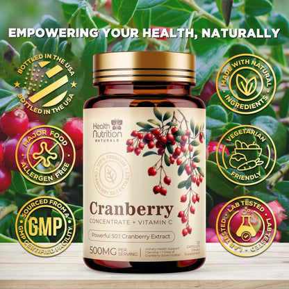 Cranberry Extrakt 500 mg pro Portion - Cranberry-Pulver mit Vitamin C - Unterstützung der Harnwegsgesundheit, Zuckerfreie Formel, Hergestellt in den USA - 120 Kapseln