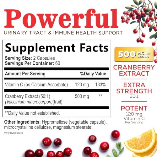 Cranberry Extrakt 500 mg pro Portion - Cranberry-Pulver mit Vitamin C - Unterstützung der Harnwegsgesundheit, Zuckerfreie Formel, Hergestellt in den USA - 120 Kapseln