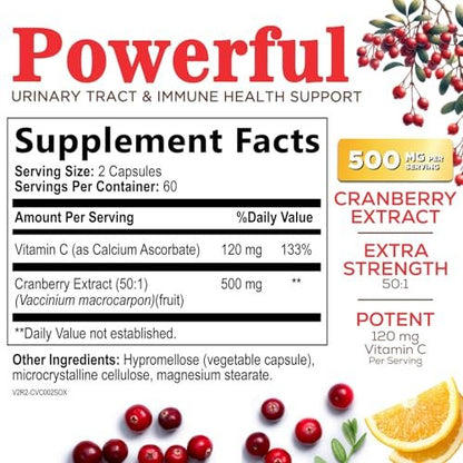 Cranberry Extrakt 500 mg pro Portion - Cranberry-Pulver mit Vitamin C - Unterstützung der Harnwegsgesundheit, Zuckerfreie Formel, Hergestellt in den USA - 120 Kapseln