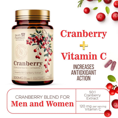 Cranberry Extrakt 500 mg pro Portion - Cranberry-Pulver mit Vitamin C - Unterstützung der Harnwegsgesundheit, Zuckerfreie Formel, Hergestellt in den USA - 120 Kapseln