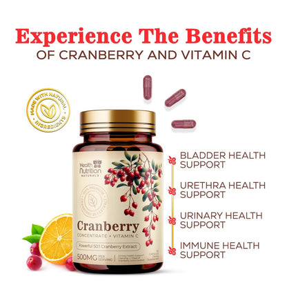 Cranberry Extrakt 500 mg pro Portion - Cranberry-Pulver mit Vitamin C - Unterstützung der Harnwegsgesundheit, Zuckerfreie Formel, Hergestellt in den USA - 120 Kapseln