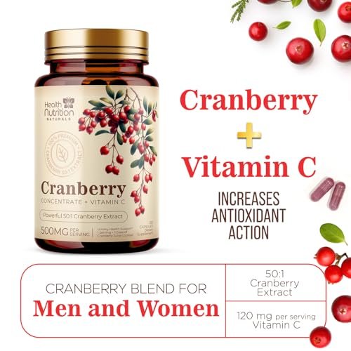 Cranberry Extrakt 500 mg pro Portion - Cranberry-Pulver mit Vitamin C - Unterstützung der Harnwegsgesundheit, Zuckerfreie Formel, Hergestellt in den USA - 120 Kapseln
