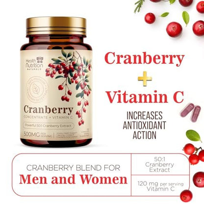 Cranberry Extrakt 500 mg pro Portion - Cranberry-Pulver mit Vitamin C - Unterstützung der Harnwegsgesundheit, Zuckerfreie Formel, Hergestellt in den USA - 120 Kapseln