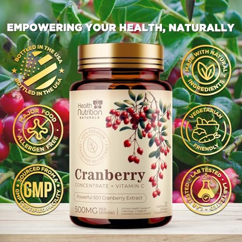 Cranberry Extrakt 500 mg pro Portion - Cranberry-Pulver mit Vitamin C - Unterstützung der Harnwegsgesundheit, Zuckerfreie Formel, Hergestellt in den USA - 120 Kapseln