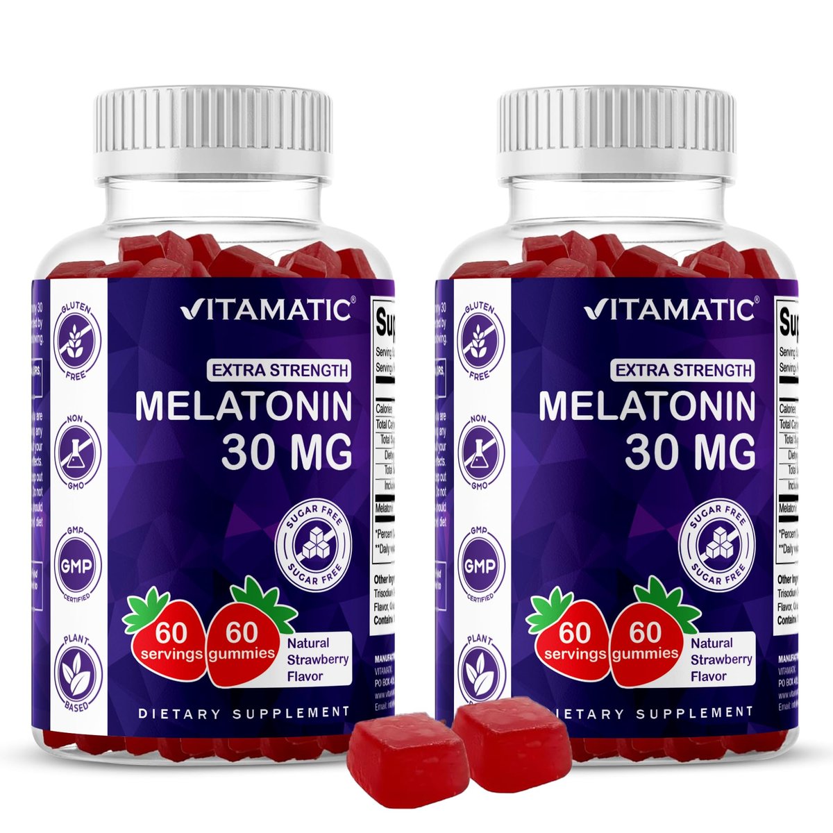 Vitamatic Zuckerfreies Melatonin 30mg pro Gummibärchen - 60 Portionen - 60 Vegetarische Gummibärchen - Nicht gewohnheitsbildendes Nahrungsergänzungsmittel (60er Packung mit 1)