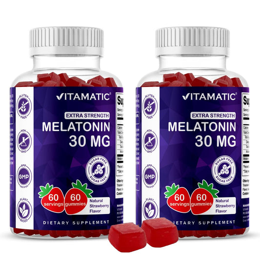 Vitamatic Zuckerfreies Melatonin 30mg pro Gummibärchen - 60 Portionen - 60 Vegetarische Gummibärchen - Nicht gewohnheitsbildendes Nahrungsergänzungsmittel (60er Packung mit 1)