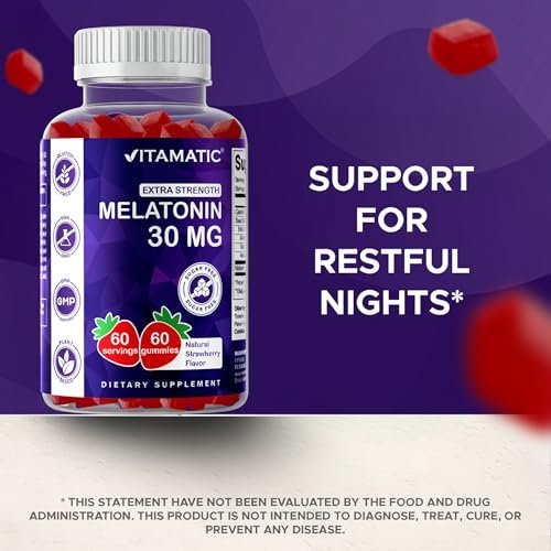 Vitamatic Zuckerfreies Melatonin 30mg pro Gummibärchen - 60 Portionen - 60 Vegetarische Gummibärchen - Nicht gewohnheitsbildendes Nahrungsergänzungsmittel (60er Packung mit 1)