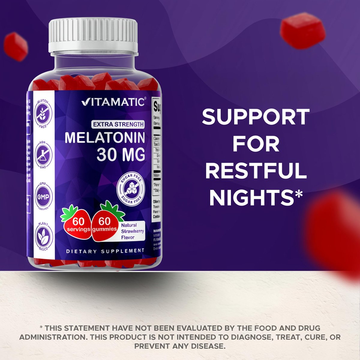 Vitamatic Zuckerfreies Melatonin 30mg pro Gummibärchen - 60 Portionen - 60 Vegetarische Gummibärchen - Nicht gewohnheitsbildendes Nahrungsergänzungsmittel (60er Packung mit 1)