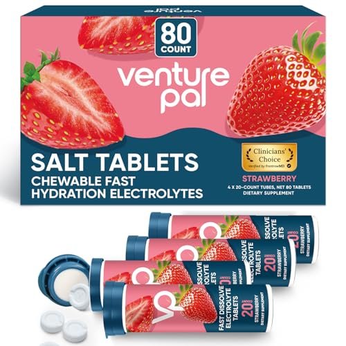 Venture Pal Kaubare Elektrolyt-Tabletten, 80 Stück, schnell lösliche zuckerfreie Salz-Tabletten, glutenfrei – Sortenpackung für schnelle Hydratation, Outdoor-Laufen, Wandern | Keto & vegan freundlich | 4er-Pack