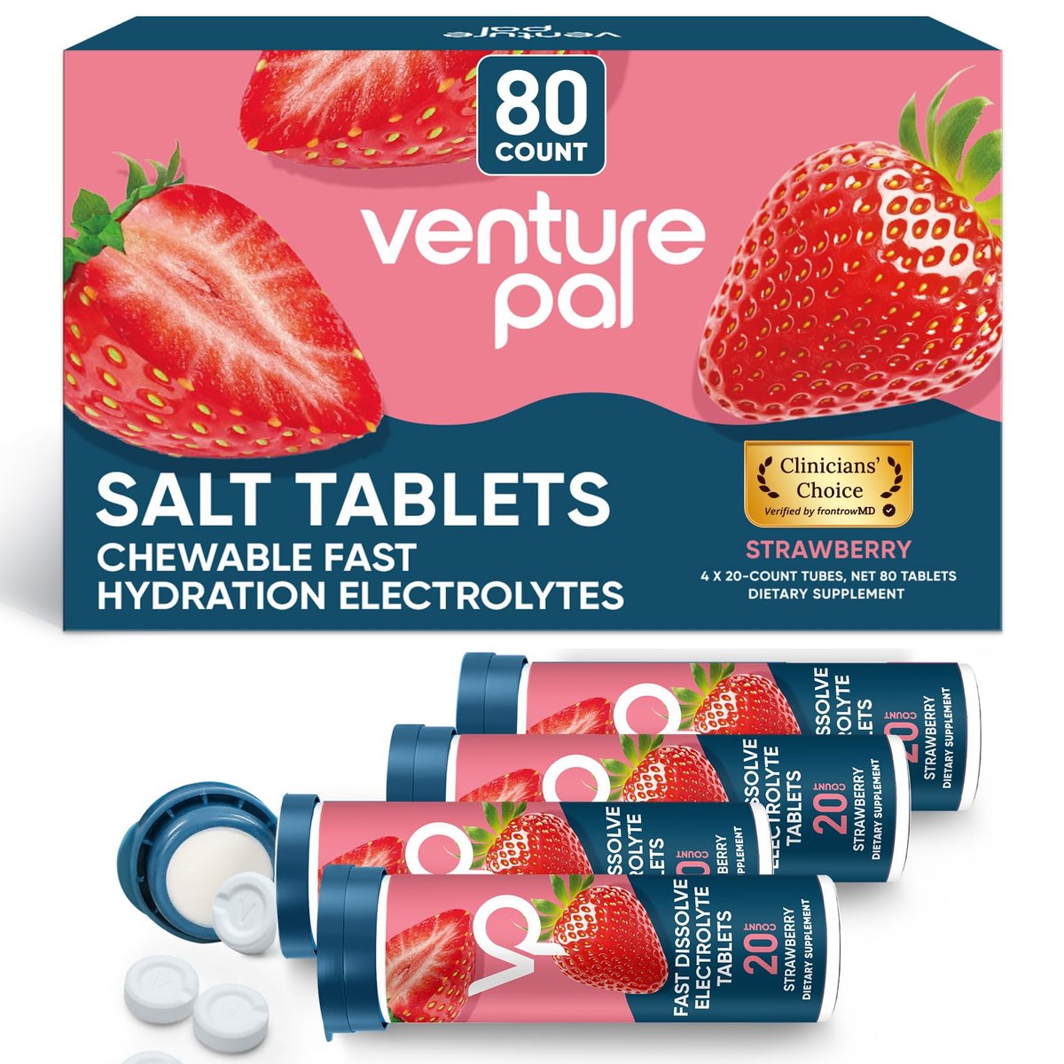 Venture Pal Kaubare Elektrolyt-Tabletten, 80 Stück, schnell lösliche zuckerfreie Salz-Tabletten, glutenfrei – Sortenpackung für schnelle Hydratation, Outdoor-Laufen, Wandern | Keto & vegan freundlich | 4er-Pack