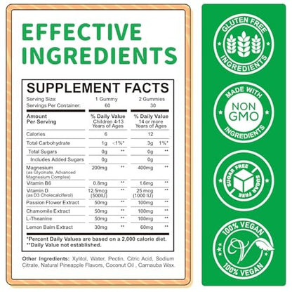 Magnesium Gummibärchen für Kinder - Magnesium Glycinat Gummis mit L-Theanin, Vitamin B6, D3 für Erwachsene & Kinder, Beruhigendes Magnesium für Schlaf, Entspannung, Gehirn, Knochen, Zuckerfrei, Ananas 60 Stück