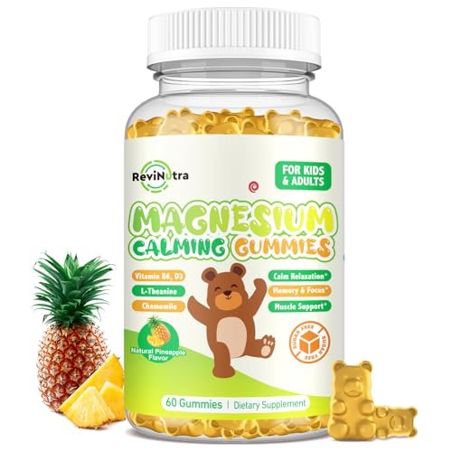 Magnesium Gummibärchen für Kinder - Magnesium Glycinat Gummis mit L-Theanin, Vitamin B6, D3 für Erwachsene & Kinder, Beruhigendes Magnesium für Schlaf, Entspannung, Gehirn, Knochen, Zuckerfrei, Ananas 60 Stück