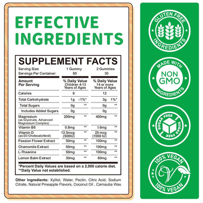 Magnesium Gummibärchen für Kinder - Magnesium Glycinat Gummis mit L-Theanin, Vitamin B6, D3 für Erwachsene & Kinder, Beruhigendes Magnesium für Schlaf, Entspannung, Gehirn, Knochen, Zuckerfrei, Ananas 60 Stück