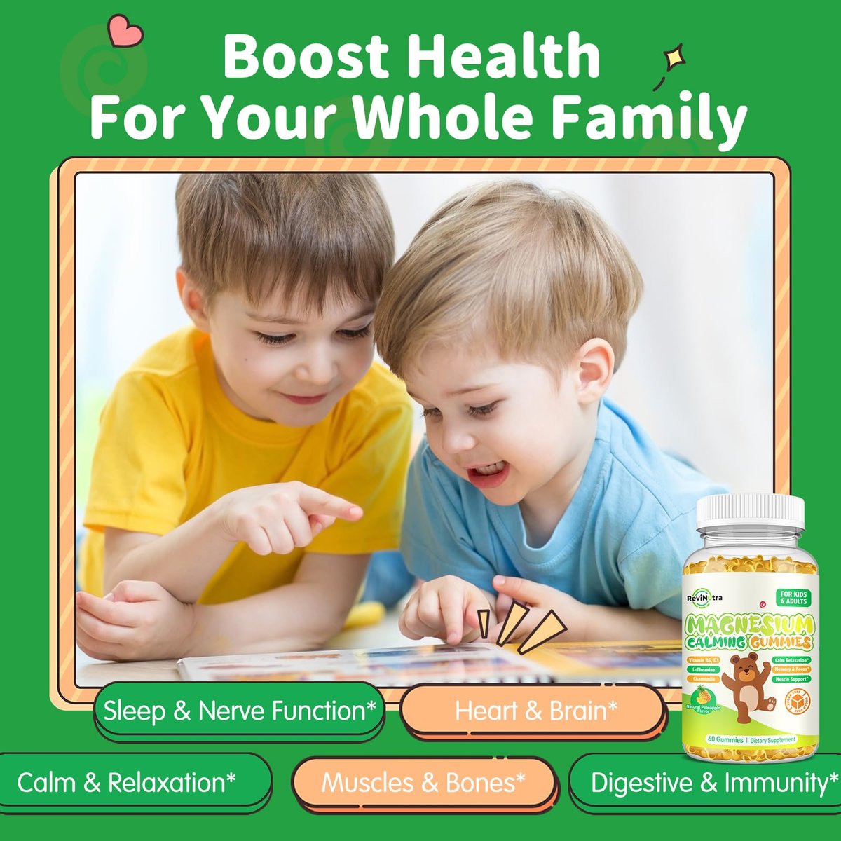 Magnesium Gummibärchen für Kinder - Magnesium Glycinat Gummis mit L-Theanin, Vitamin B6, D3 für Erwachsene & Kinder, Beruhigendes Magnesium für Schlaf, Entspannung, Gehirn, Knochen, Zuckerfrei, Ananas 60 Stück