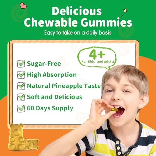 Magnesium Gummibärchen für Kinder - Magnesium Glycinat Gummis mit L-Theanin, Vitamin B6, D3 für Erwachsene & Kinder, Beruhigendes Magnesium für Schlaf, Entspannung, Gehirn, Knochen, Zuckerfrei, Ananas 60 Stück