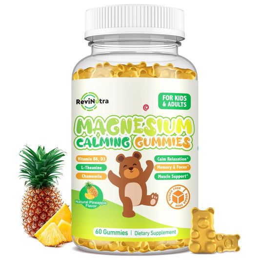 Magnesium Gummibärchen für Kinder - Magnesium Glycinat Gummis mit L-Theanin, Vitamin B6, D3 für Erwachsene & Kinder, Beruhigendes Magnesium für Schlaf, Entspannung, Gehirn, Knochen, Zuckerfrei, Ananas 60 Stück