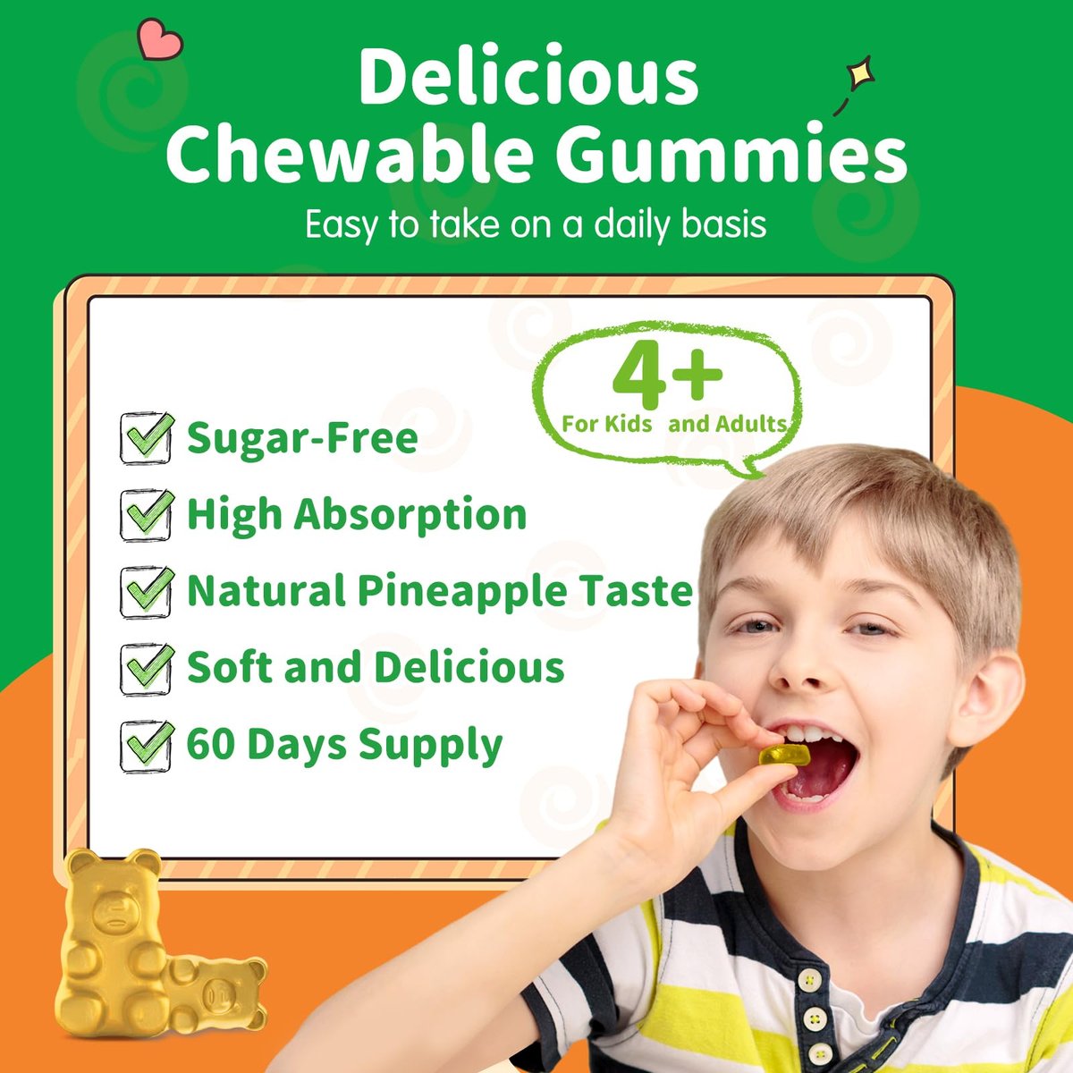 Magnesium Gummibärchen für Kinder - Magnesium Glycinat Gummis mit L-Theanin, Vitamin B6, D3 für Erwachsene & Kinder, Beruhigendes Magnesium für Schlaf, Entspannung, Gehirn, Knochen, Zuckerfrei, Ananas 60 Stück