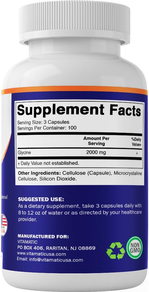 Vitamatic Glycin Nahrungsergänzungsmittel, 2000 mg pro Portion, 300 Kapseln, Non-GMO, Glutenfrei