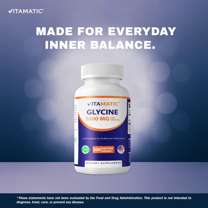 Vitamatic Glycin Nahrungsergänzungsmittel, 2000 mg pro Portion, 300 Kapseln, Non-GMO, Glutenfrei