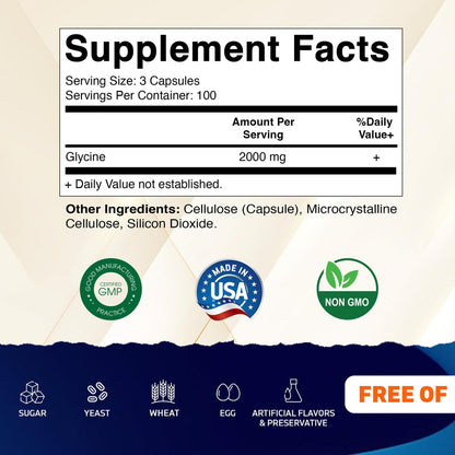 Vitamatic Glycin Nahrungsergänzungsmittel, 2000 mg pro Portion, 300 Kapseln, Non-GMO, Glutenfrei