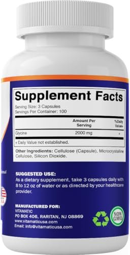 Vitamatic Glycin Nahrungsergänzungsmittel, 2000 mg pro Portion, 300 Kapseln, Non-GMO, Glutenfrei