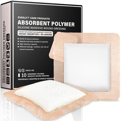 EVERLIT Super Absorbierender Polymer Wundverband | Silikon-Selbstklebeverbände mit Ultrasorb-Matrix für hohe Retention | 10x10 cm sterile Klebeverbände, Packung mit 10 Stück