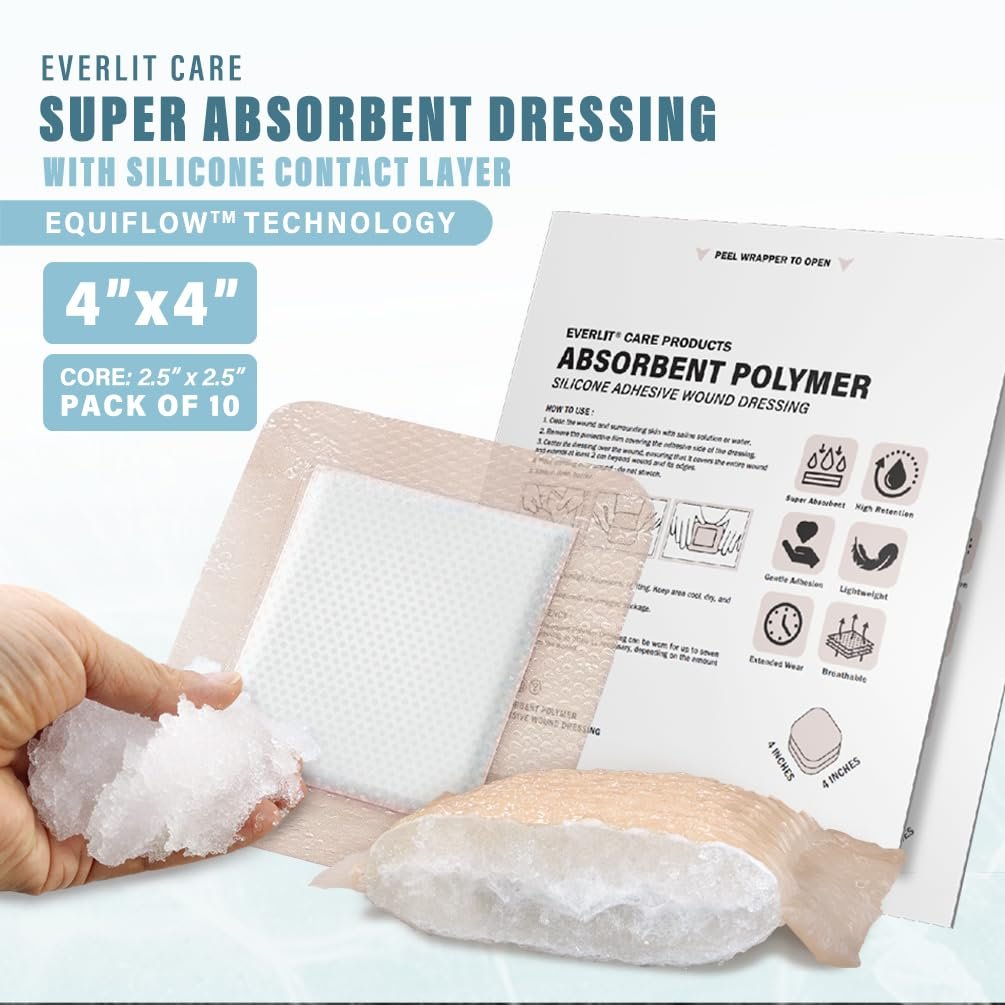 EVERLIT Super Absorbierender Polymer Wundverband | Silikon-Selbstklebeverbände mit Ultrasorb-Matrix für hohe Retention | 10x10 cm sterile Klebeverbände, Packung mit 10 Stück