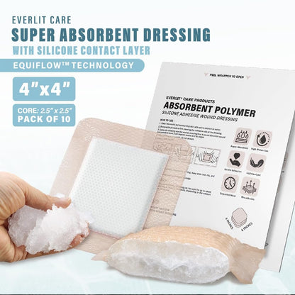 EVERLIT Super Absorbierender Polymer Wundverband | Silikon-Selbstklebeverbände mit Ultrasorb-Matrix für hohe Retention | 10x10 cm sterile Klebeverbände, Packung mit 10 Stück