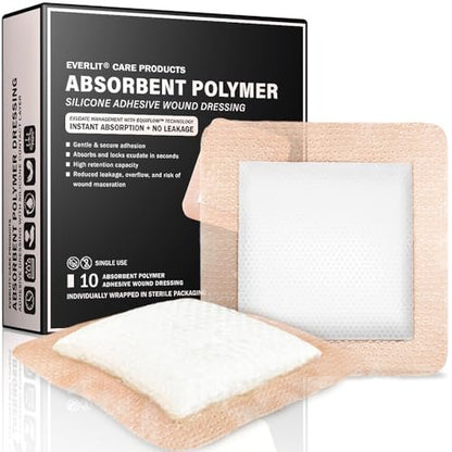 EVERLIT Super Absorbierender Polymer Wundverband | Silikon-Selbstklebeverbände mit Ultrasorb-Matrix für hohe Retention | 10x10 cm sterile Klebeverbände, Packung mit 10 Stück