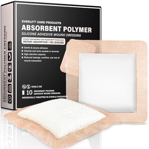 EVERLIT Super Absorbierender Polymer Wundverband | Silikon-Selbstklebeverbände mit Ultrasorb-Matrix für hohe Retention | 10x10 cm sterile Klebeverbände, Packung mit 10 Stück
