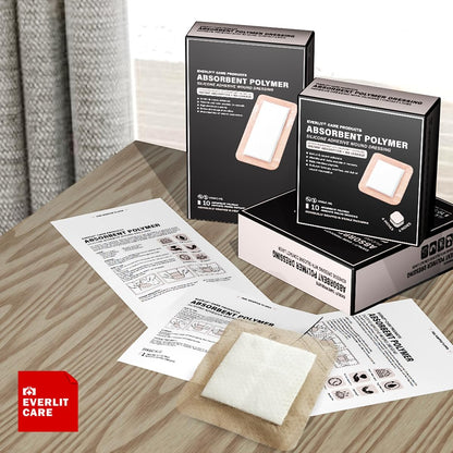 EVERLIT Super Absorbierender Polymer Wundverband | Silikon-Selbstklebeverbände mit Ultrasorb-Matrix für hohe Retention | 10x10 cm sterile Klebeverbände, Packung mit 10 Stück
