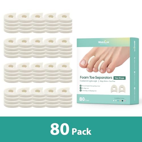 Welnove Schaumstoff Zehenspreizer - 80er-Pack Zehenabstandshalter für Hühneraugen, Blasen und Hammerzehen - Atmungsaktive, selbstklebende Optionen zur Schmerzlinderung bei Ballenzehen und überlappenden Zehen - Zehenspreizer für Männer