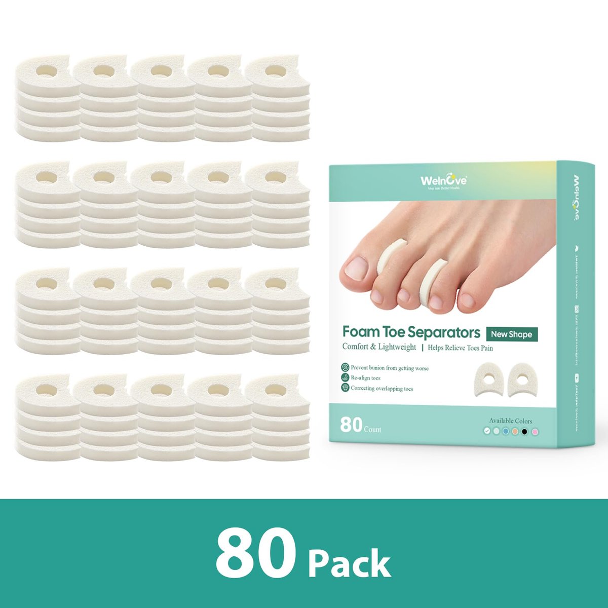 Welnove Schaumstoff Zehenspreizer - 80er-Pack Zehenabstandshalter für Hühneraugen, Blasen und Hammerzehen - Atmungsaktive, selbstklebende Optionen zur Schmerzlinderung bei Ballenzehen und überlappenden Zehen - Zehenspreizer für Männer