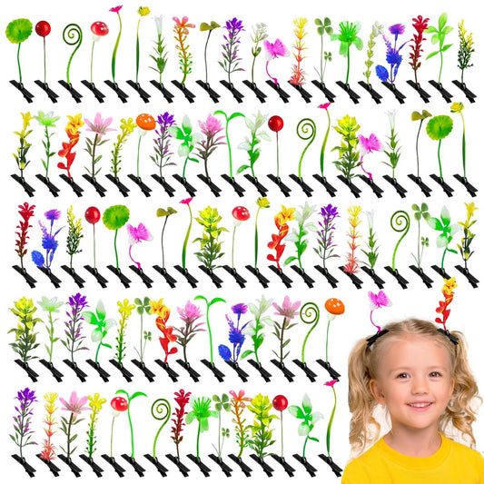 100 Stück Sprossen-Haarklammern, Pflanzen-Haarnadeln, lustiger Mix-Stil, Kopfschmuck, Haaraccessoires mit Heißklebestiften für Frauen, Kinder, Mädchen, verrückter Haartag, Schule, Zuhause, Partydekoration