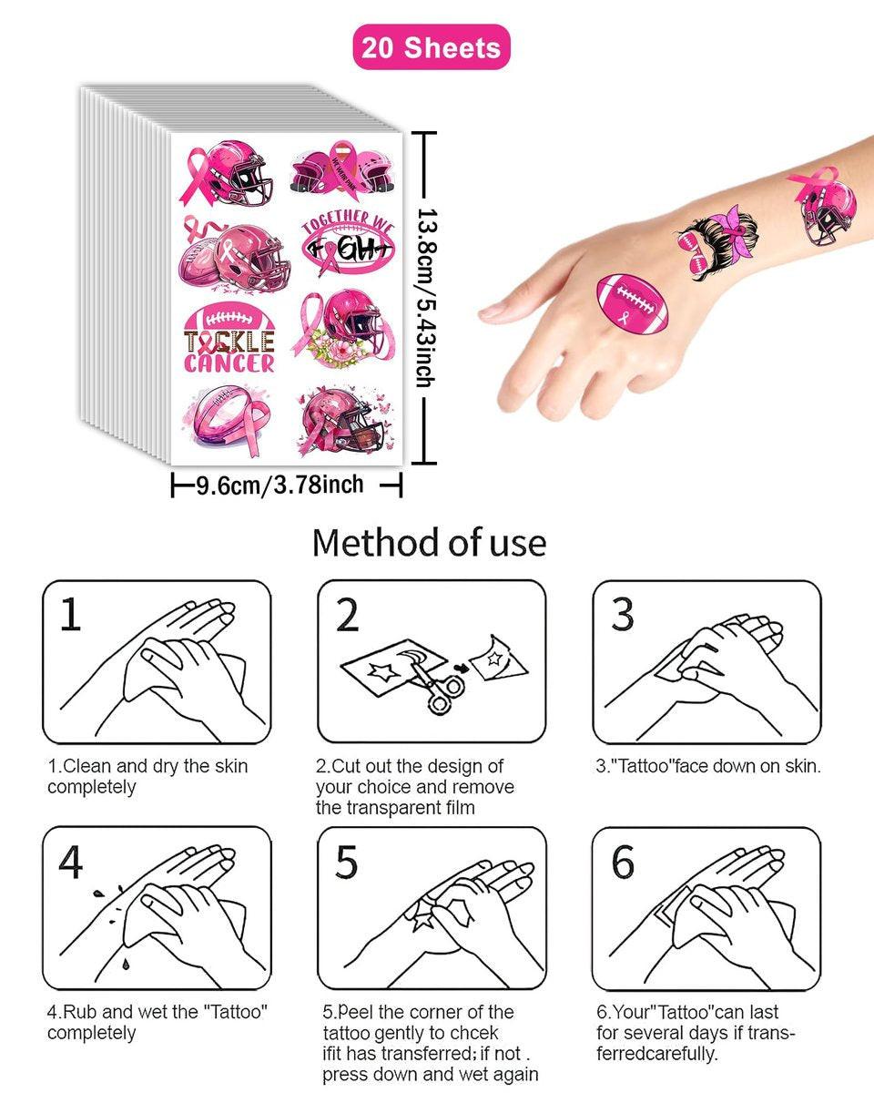 152-teiliges Set temporäre Tattoos zur Brustkrebs-Aufklärung – 20 Bögen Pink Out Football Tattoo-Sticker für Partys und Events für Kinder und Erwachsene