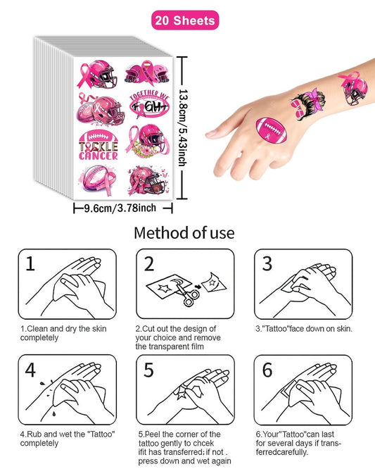 152-teiliges Set temporäre Tattoos zur Brustkrebs-Aufklärung – 20 Bögen Pink Out Football Tattoo-Sticker für Partys und Events für Kinder und Erwachsene