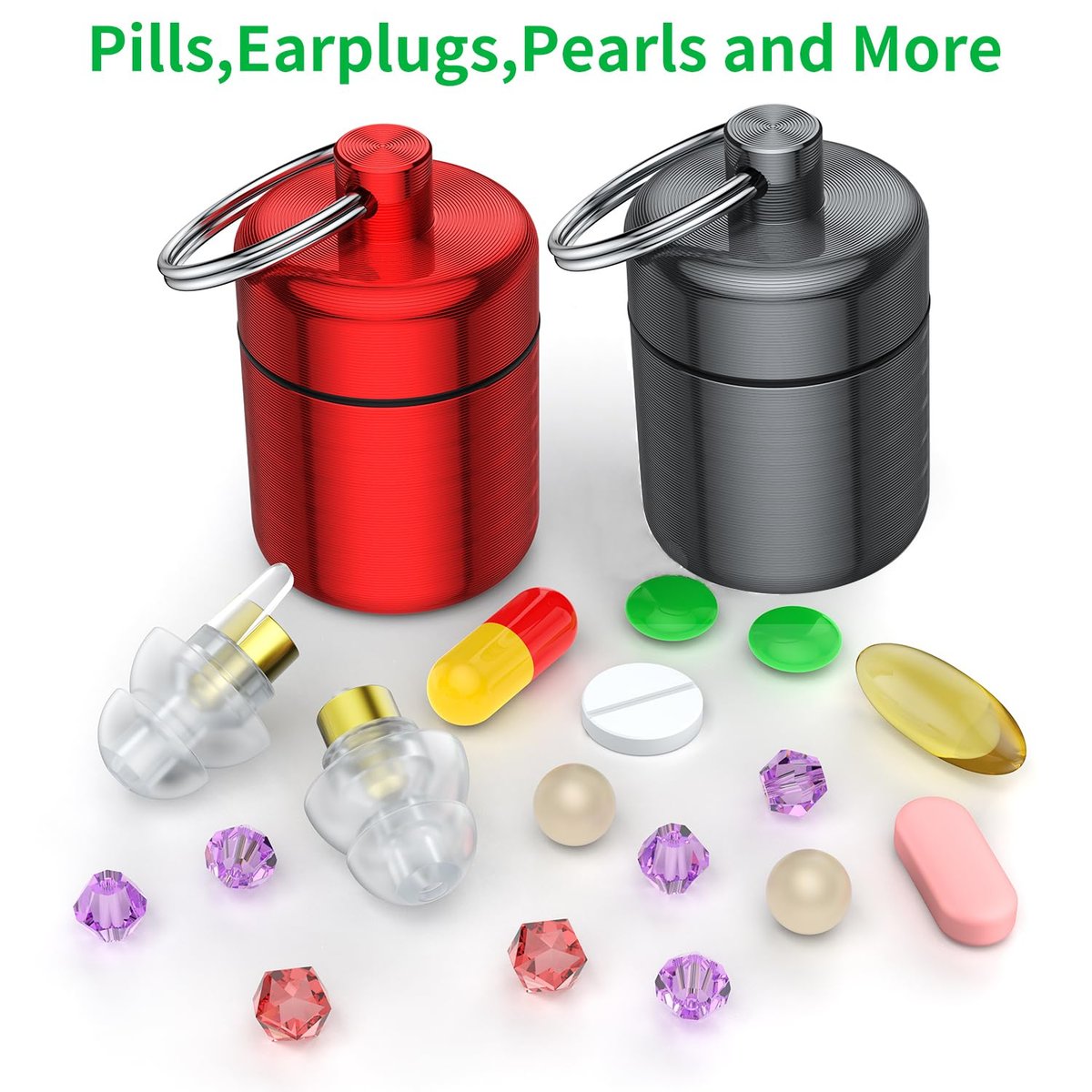 Ear Plug Carrying Case Keychain (2er-Pack) – Kleine wasserdichte Metalldose für Ohrstöpsel, Pillen und Schmuck (Grau Rot)