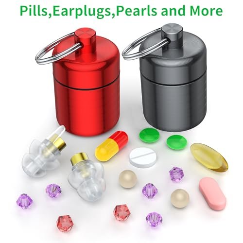 Ear Plug Carrying Case Keychain (2er-Pack) – Kleine wasserdichte Metalldose für Ohrstöpsel, Pillen und Schmuck (Grau Rot)
