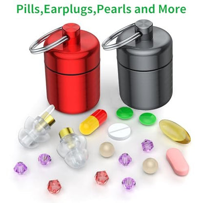 Ear Plug Carrying Case Keychain (2er-Pack) – Kleine wasserdichte Metalldose für Ohrstöpsel, Pillen und Schmuck (Grau Rot)