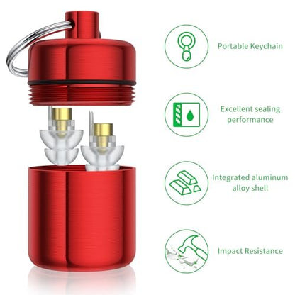 Ear Plug Carrying Case Keychain (2er-Pack) – Kleine wasserdichte Metalldose für Ohrstöpsel, Pillen und Schmuck (Grau Rot)