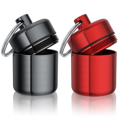 Ear Plug Carrying Case Keychain (2er-Pack) – Kleine wasserdichte Metalldose für Ohrstöpsel, Pillen und Schmuck (Grau Rot)