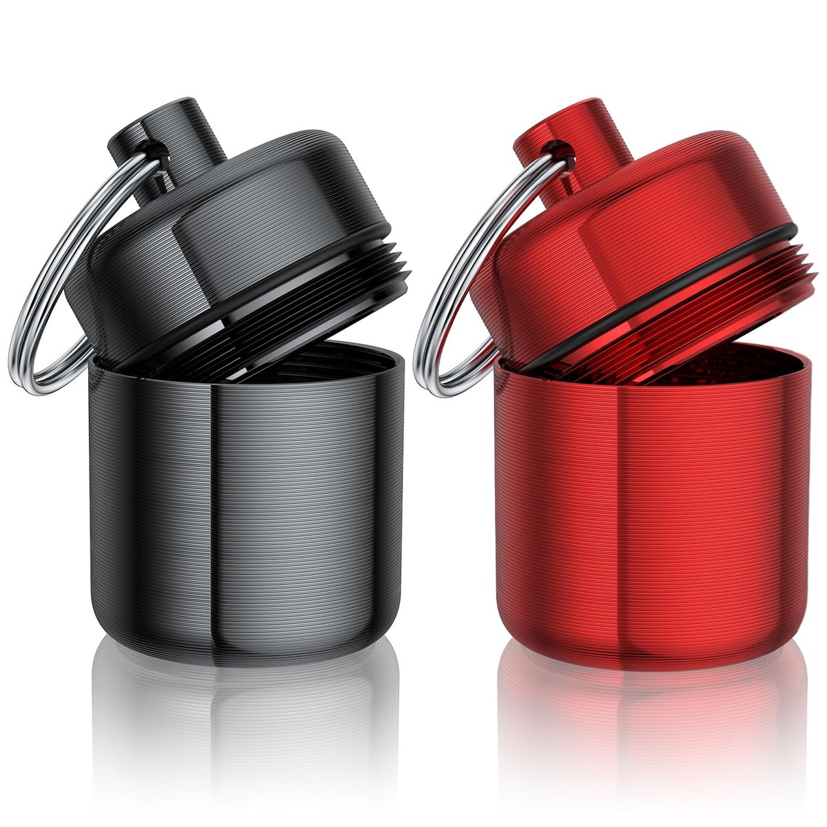 Ear Plug Carrying Case Keychain (2er-Pack) – Kleine wasserdichte Metalldose für Ohrstöpsel, Pillen und Schmuck (Grau Rot)