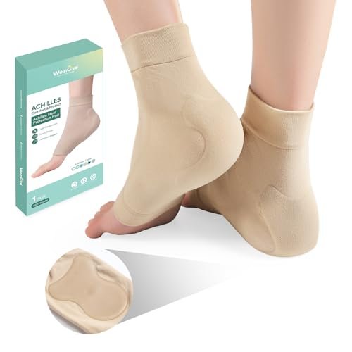 Welnove Achillessehnen-Fersenschutz Socken - Gelgepolsterte Kompressionsstrümpfe gegen Fersenschmerzen, Bursitis, trockene rissige Fersen (FSA/HSA-fähig), Beige, Regular