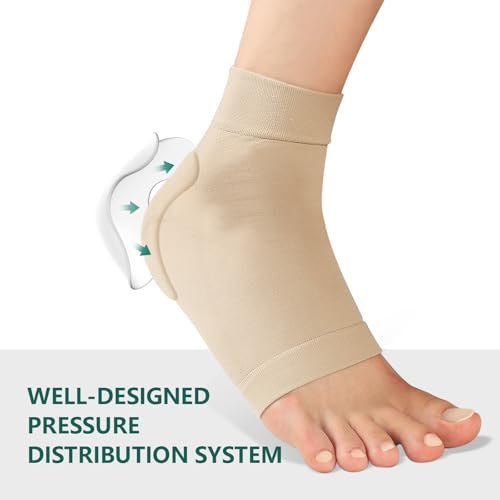 Welnove Achillessehnen-Fersenschutz Socken - Gelgepolsterte Kompressionsstrümpfe gegen Fersenschmerzen, Bursitis, trockene rissige Fersen (FSA/HSA-fähig), Beige, Regular