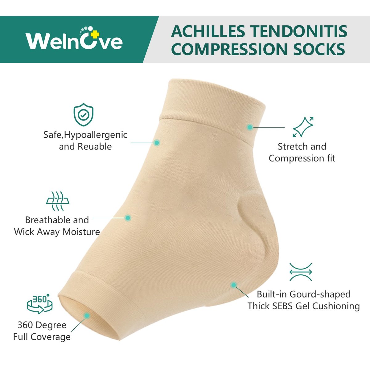 Welnove Achillessehnen-Fersenschutz Socken - Gelgepolsterte Kompressionsstrümpfe gegen Fersenschmerzen, Bursitis, trockene rissige Fersen (FSA/HSA-fähig), Beige, Regular