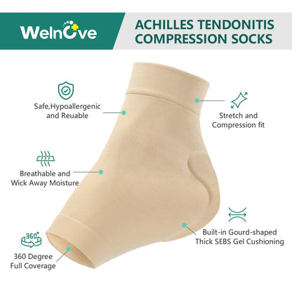 Welnove Achillessehnen-Fersenschutz Socken - Gelgepolsterte Kompressionsstrümpfe gegen Fersenschmerzen, Bursitis, trockene rissige Fersen (FSA/HSA-fähig), Beige, Regular