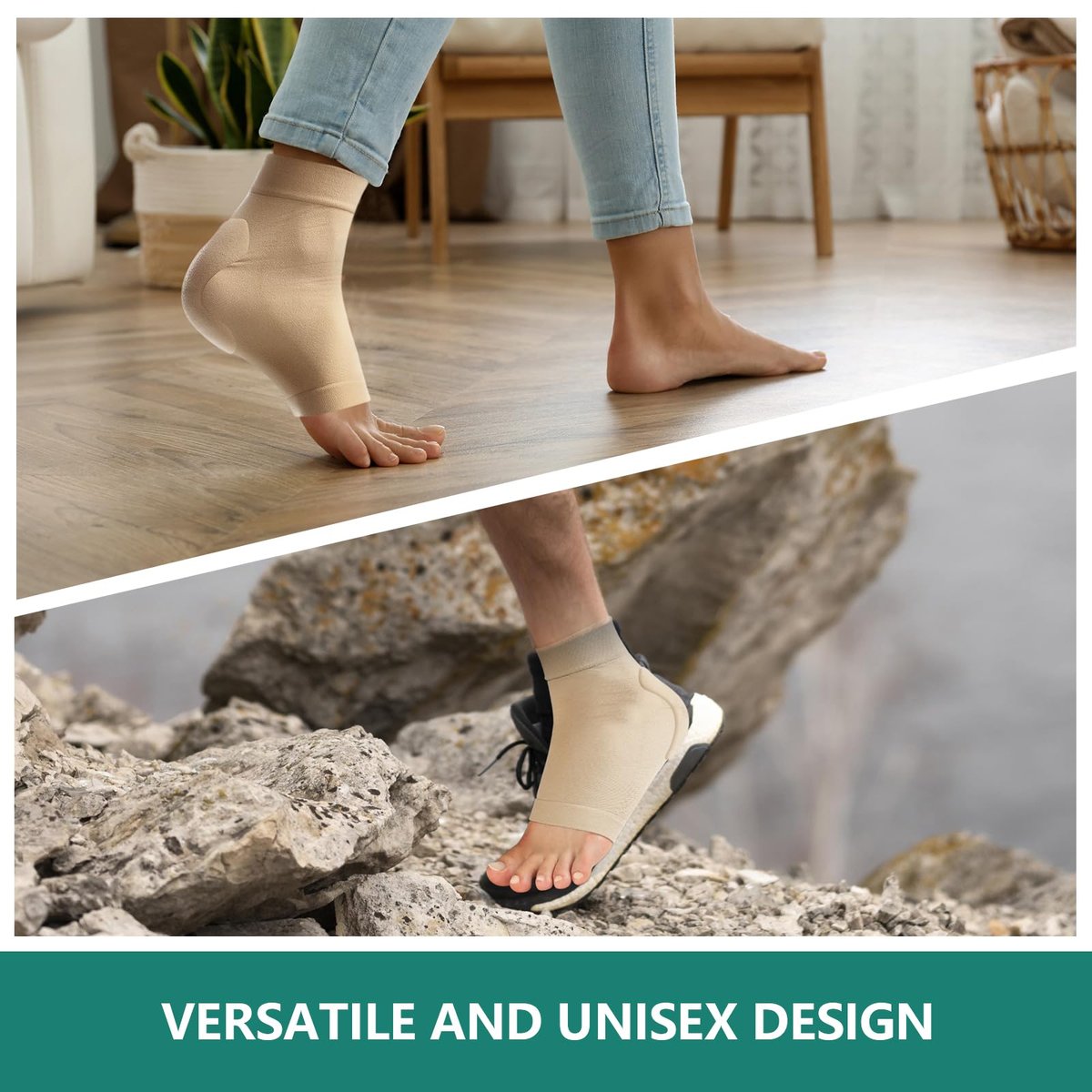 Welnove Achillessehnen-Fersenschutz Socken - Gelgepolsterte Kompressionsstrümpfe gegen Fersenschmerzen, Bursitis, trockene rissige Fersen (FSA/HSA-fähig), Beige, Regular