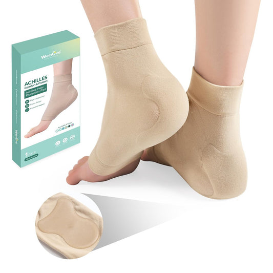 Welnove Achillessehnen-Fersenschutz Socken - Gelgepolsterte Kompressionsstrümpfe gegen Fersenschmerzen, Bursitis, trockene rissige Fersen (FSA/HSA-fähig), Beige, Regular